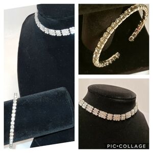 Sparkling Rhinestone Choker & Bracelet Silvertone